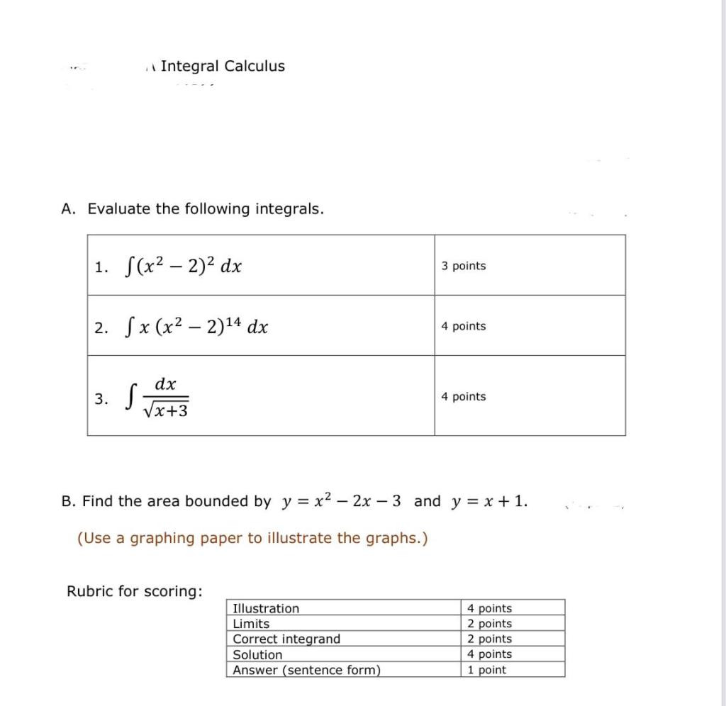 Integral Calculus A Evaluate The Following Integrals 1 S X2 2 2 Dx 3 Points S X X2 2 14 Dx 4 Points Dx 3 S Vx 1