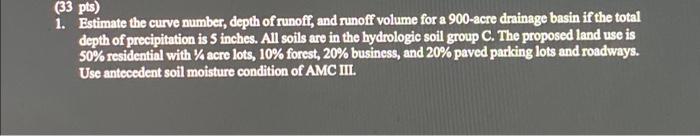 33 Pts I Estimate The Curve Number Depth Of Runoff And Runoff Volume For A 900 Acre Drainage Basin If The Total Dep 1