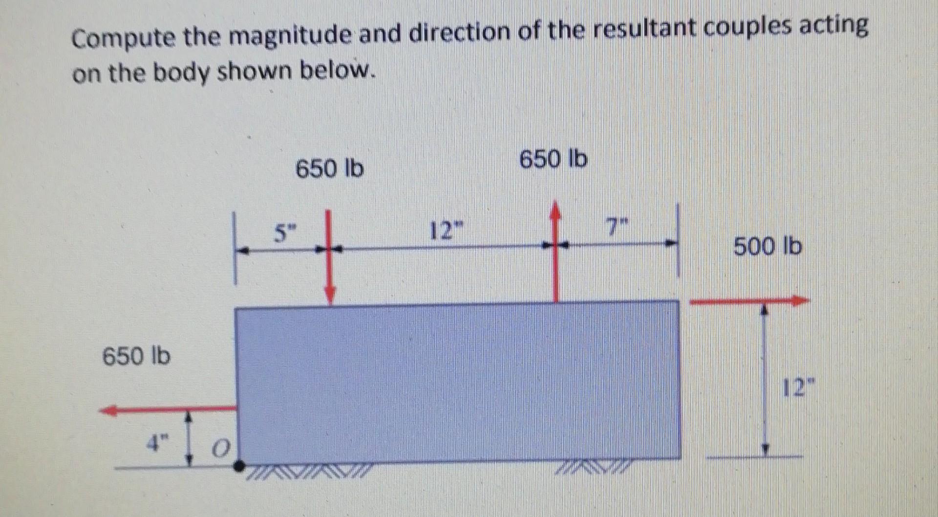 Compute The Magnitude And Direction Of The Resultant Couples Acting On The Body Shown Below 650 Lb 650 Lb 5 12 7 500 1