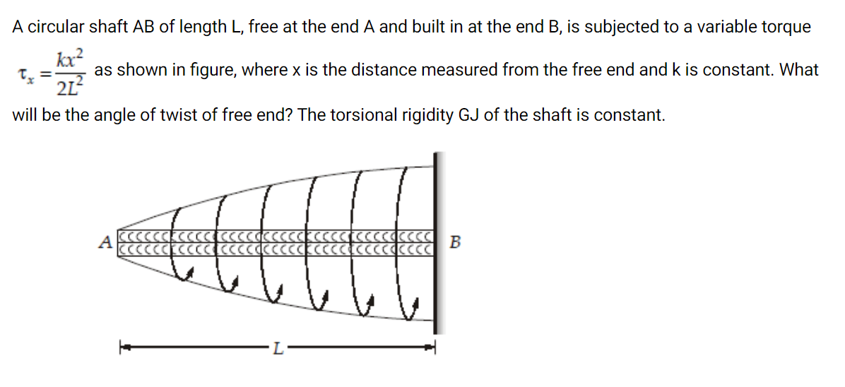 A Circular Shaft Ab Of Length L Free At The End A And Built In At The End B Is Subjected To A Variable Torque Kx Tx 1
