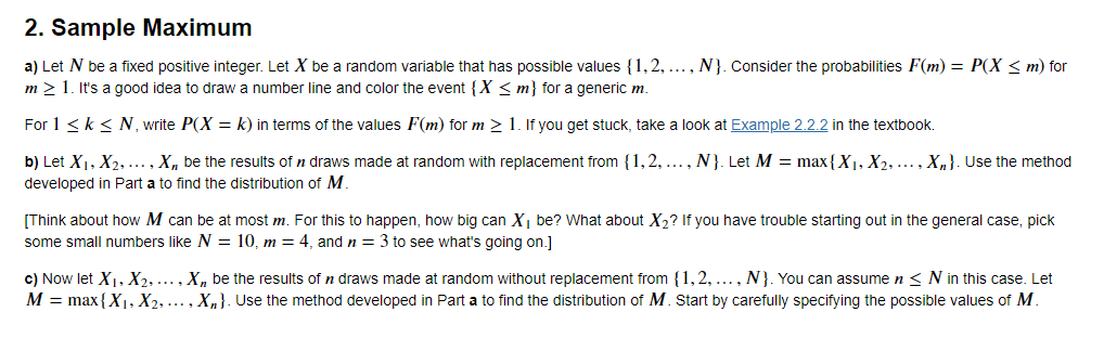 2 Sample Maximum A Let N Be A Fixed Positive Integer Let X Be A Random Variable That Has Possible Values 1 2 N 1