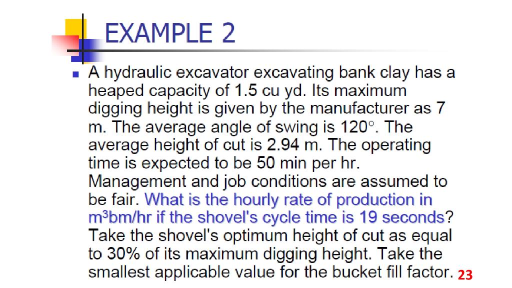 Example 2 A Hydraulic Excavator Excavating Bank Clay Has A Heaped Capacity Of 1 5 Cu Yd Its Maximum Digging Height Is G 1