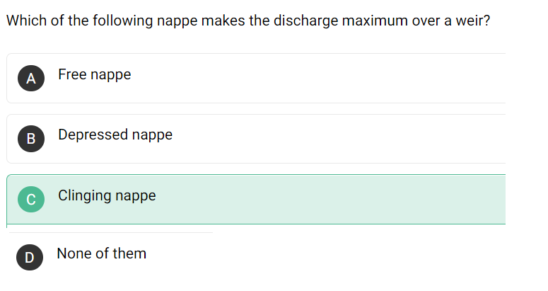 Which Of The Following Nappe Makes The Discharge Maximum Over A Weir A Free Nappe B Depressed Nappe C Clinging Nappe D 1