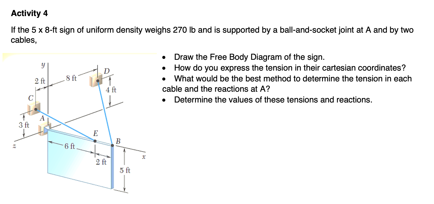 Activity 4 If The 5 X 8 Ft Sign Of Uniform Density Weighs 270 Lb And Is Supported By A Ball And Socket Joint At A And By 1