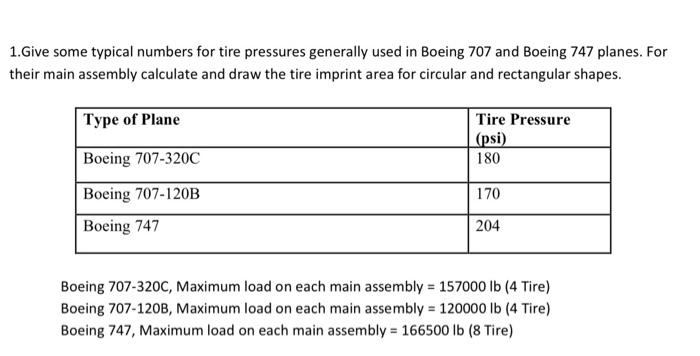 1 Give Some Typical Numbers For Tire Pressures Generally Used In Boeing 707 And Boeing 747 Planes For Their Main Assemb 1