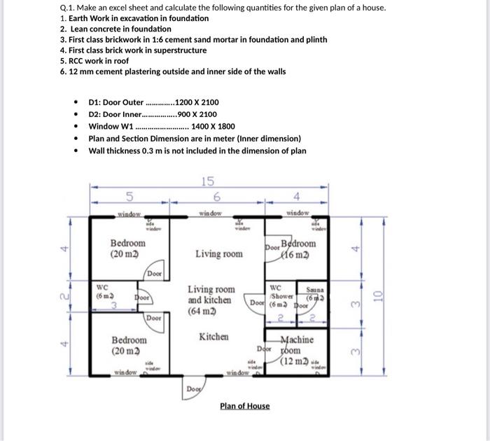 Q 1 Make An Excel Sheet And Calculate The Following Quantities For The Given Plan Of A House 1 Earth Work In Excavati 1