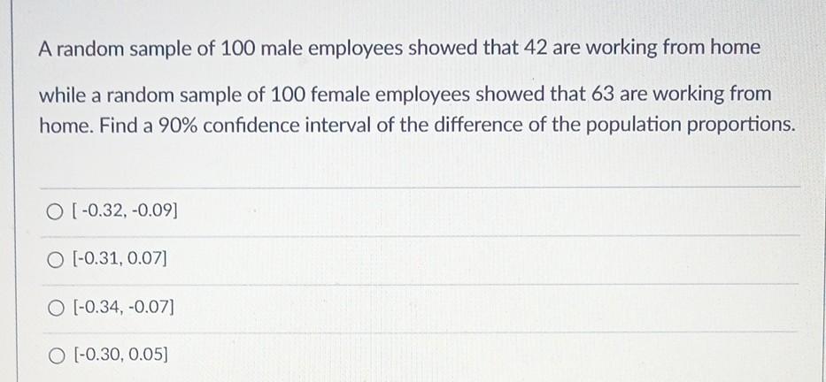 A Random Sample Of 100 Male Employees Showed That 42 Are Working From Home While A Random Sample Of 100 Female Employees 1