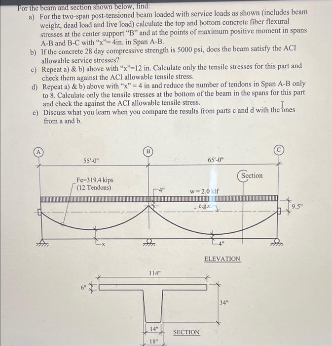 For The Beam And Section Shown Below Find A For The Two Span Post Tensioned Beam Loaded With Service Loads As Shown 1