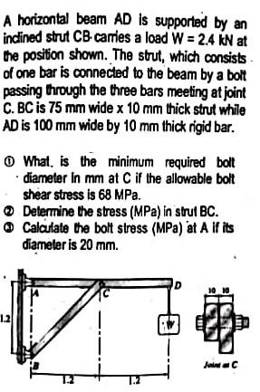 A Horizontal Beam Ad Is Supported By An Indined Strut Cb Carries A Load W 2 4 Kn At The Position Shown The Strut Whi 1