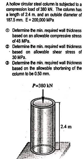 A Hollow Drcular Steel Column Is Subjected To A Compression Load Of 380 Kn The Column Has A Length Of 2 4 M And An Out 1