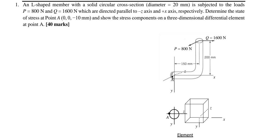 1 An L Shaped Member With A Solid Circular Cross Section Diameter 20 Mm Is Subjected To The Loads P 800 N And Q 1