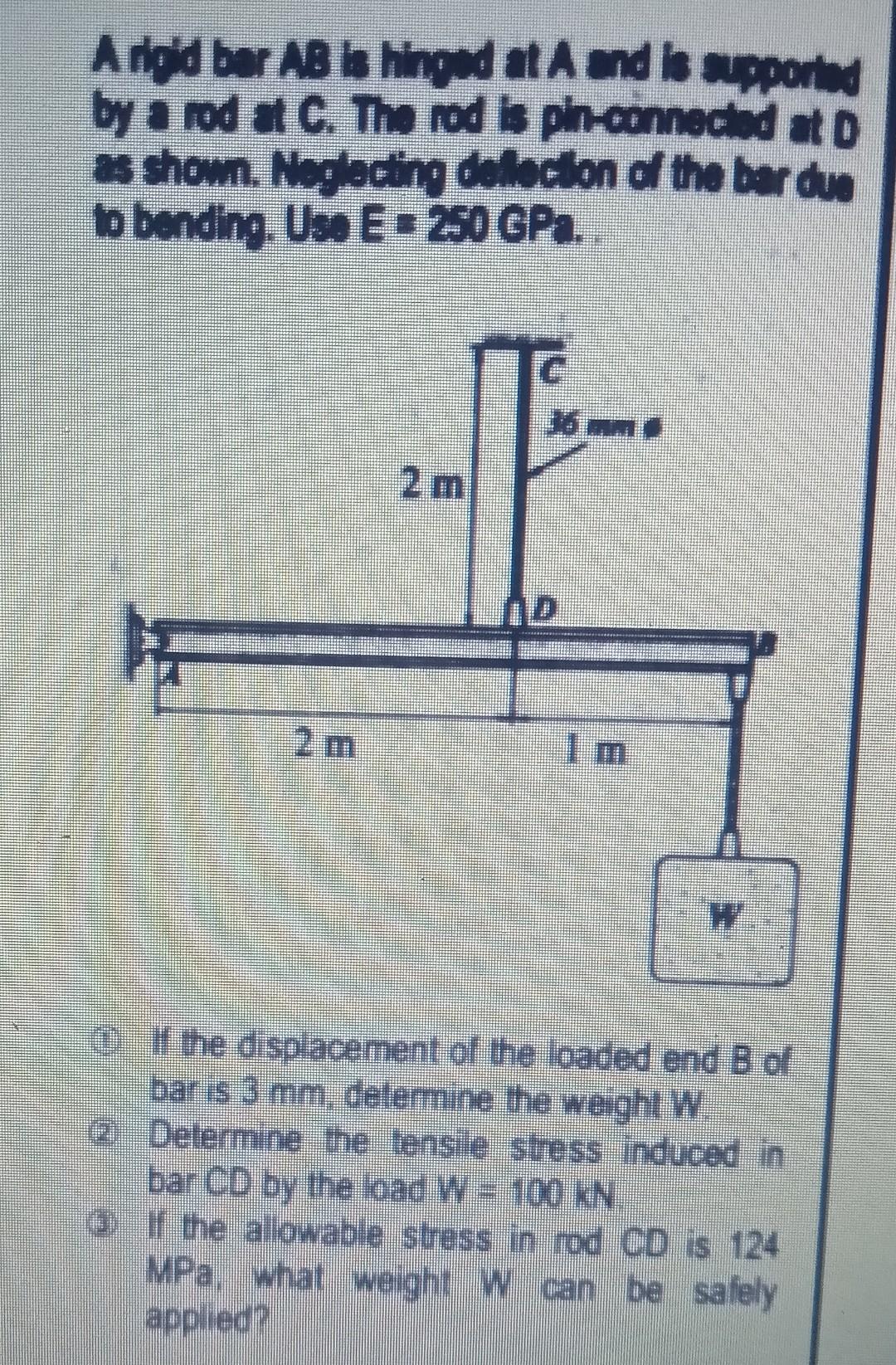 A Rigid Bar Ab Is Hinged At A And Is Supported By A Rod At C The Rod Is Pin Connected At D As Shown Neglecting Deflect 2