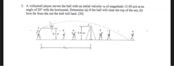 3 A Volleyball Player Serves The Ball With An Initial Velocity Vo Of Magnitude 13 40 M S At An Angle Of 20 With The Ho 1