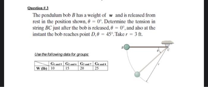 Question 3 The Pendulum Bob B Has A Weight Of W And Is Released From Rest In The Position Shown 0 0o Determine The 1