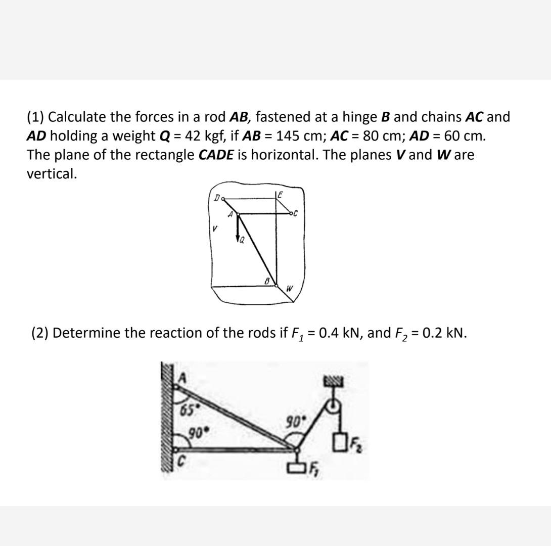 1 Calculate The Forces In A Rod Ab Fastened At A Hinge B And Chains Ac And Ad Holding A Weight Q 42 Kgf If Ab 1