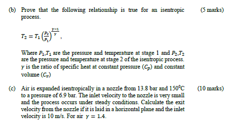 Marks 6 Prove That The Following Relationship Is True For An Isentropic Process T2 T Y 1 Where P1 71 Are The 1