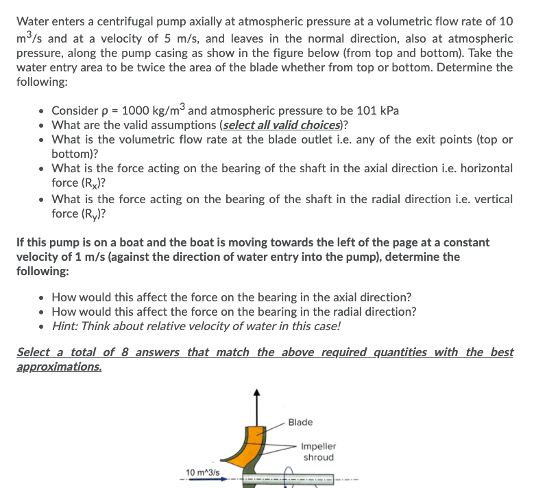 Water Enters A Centrifugal Pump Axially At Atmospheric Pressure At A Volumetric Flow Rate Of 10 M S And At A Velocity Of 1