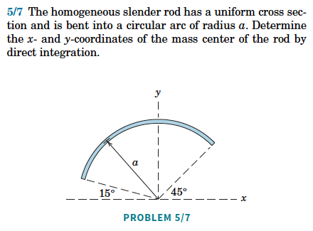 5 7 The Homogeneous Slender Rod Has A Uniform Cross Sec Tion And Is Bent Into A Circular Arc Of Radius A Determine The 1