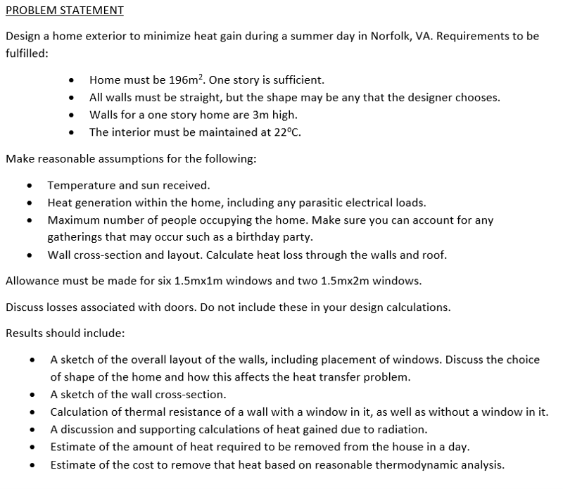 Problem Statement Design A Home Exterior To Minimize Heat Gain During A Summer Day In Norfolk Va Requirements To Be Fu 1
