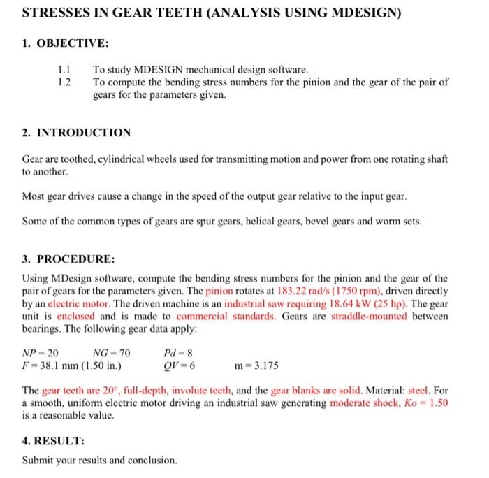 Stresses In Gear Teeth Analysis Using Mdesign 1 Objective 1 1 To Study Mdesign Mechanical Design Software 1 2 To Co 1