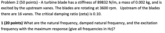 Problem 2 50 Points A Turbine Blade Has A Stiffness Of 89832 N M A Mass Of 0 002 Kg And Is Excited By The Upstream 1