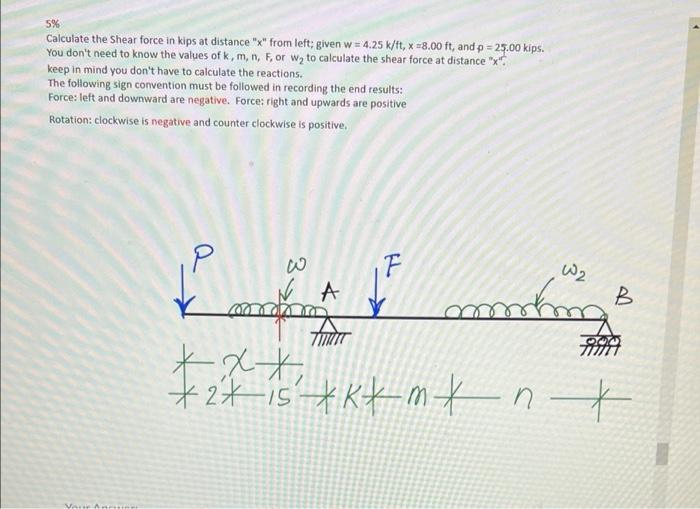 5 Calculate The Shear Force In Kips At Distance X From Left Given W 4 25 K Ft X 8 00 Ft And P 25 00 Kips You 1