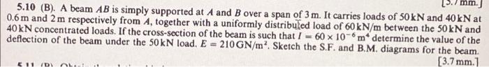2 7 Mm 5 10 B A Beam Ab Is Simply Supported At A And B Over A Span Of 3 M It Carries Loads Of 50 Kn And 40 Kn At 0 1