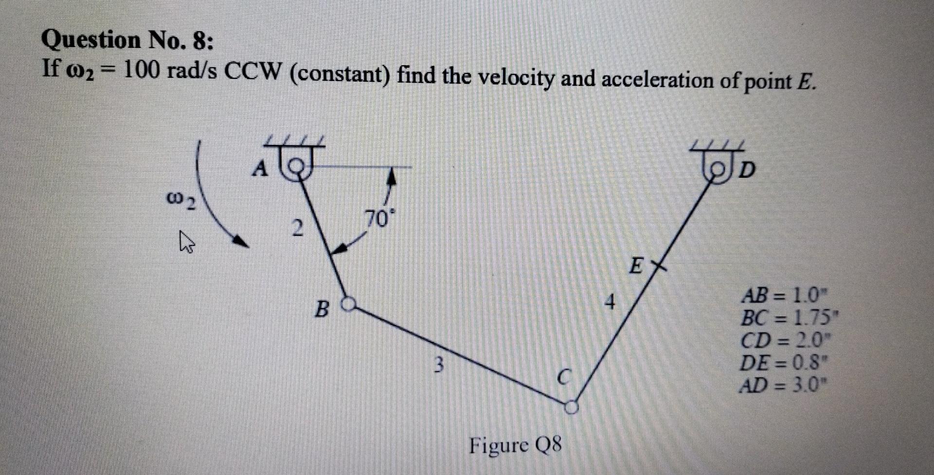 Question No 8 If 02 100 Rad S Ccw Constant Find The Velocity And Acceleration Of Point E Att A Co D 02 2 70 A Ex 1