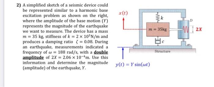 W X 2 A Simplified Sketch Of A Seismic Device Could Be Represented Similar To A Harmonic Base Excitation Problem As Sho 1