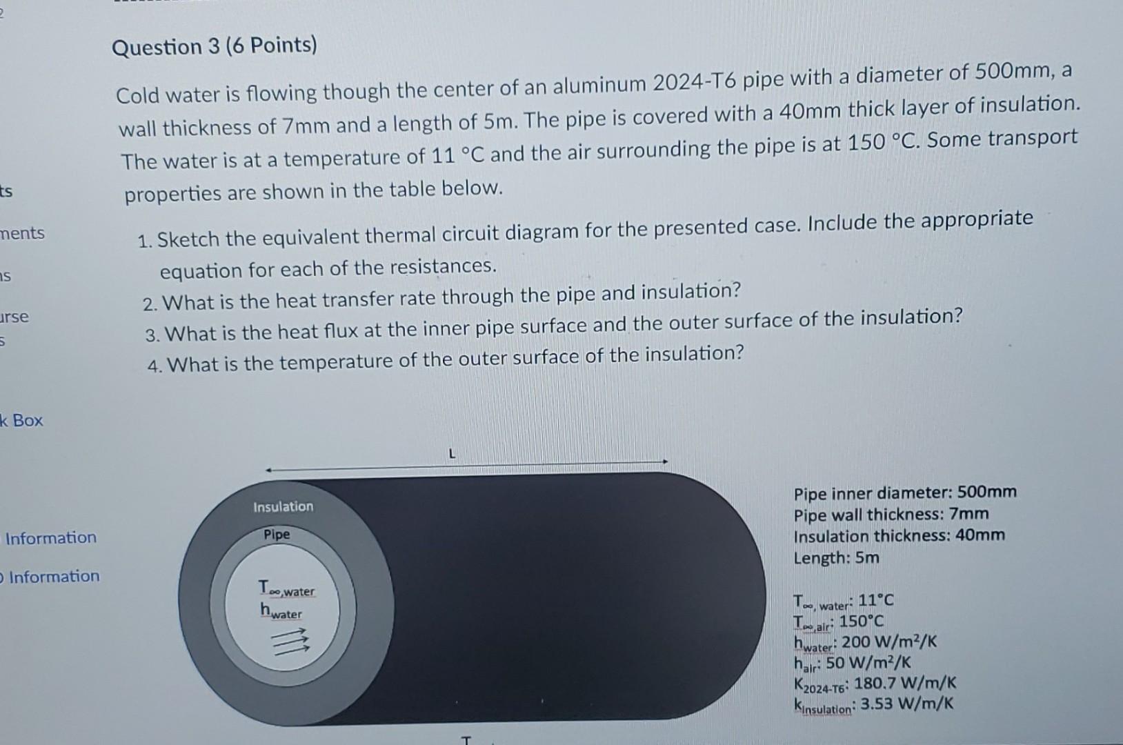 2 Question 3 6 Points Cold Water Is Flowing Though The Center Of An Aluminum 2024 T6 Pipe With A Diameter Of 500mm A 1