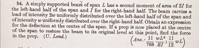 54 A Simply Supported Beaph Of Span L Has A Second Moment Of Area Of 21 For The Left Hand Half Of The Span And I For Th 1