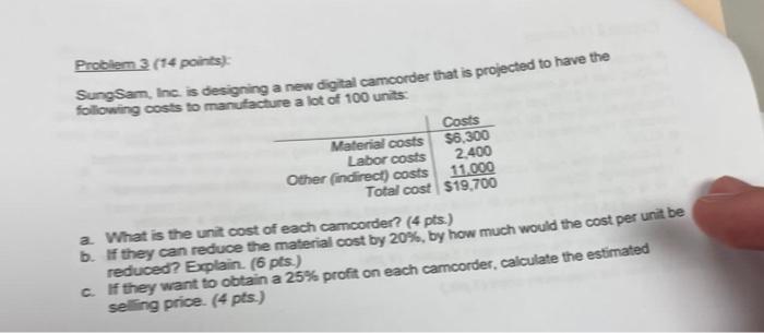 Probler 3 14 Points Sungsam Inc Is Designing A New Digital Camcorder That Is Projected To Have The Following Costs To 1