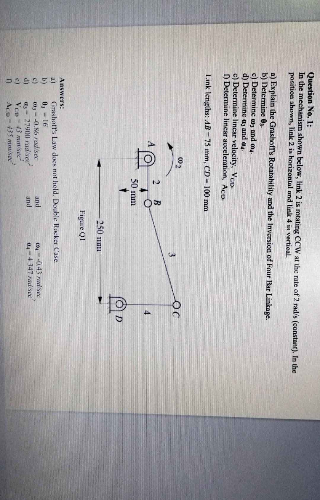 Question No 1 In The Mechanism Shown Below Link 2 Is Rotating Ccw At The Rate Of 2 Rad S Constant In The Position 1