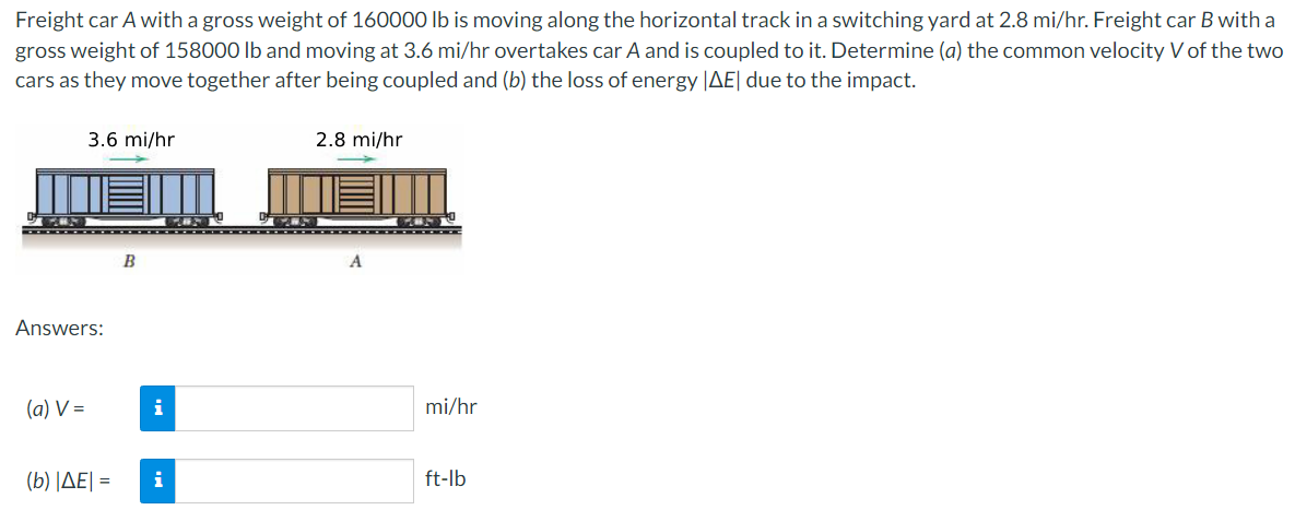 Freight Car A With A Gross Weight Of 160000 Lb Is Moving Along The Horizontal Track In A Switching Yard At 2 8 Mi Hr Fr 1