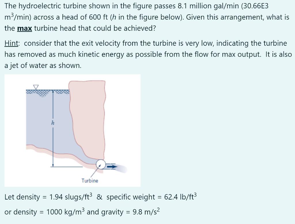 The Hydroelectric Turbine Shown In The Figure Passes 8 1 Million Gal Min 30 66e3 M3 Min Across A Head Of 600 Ft H In 1