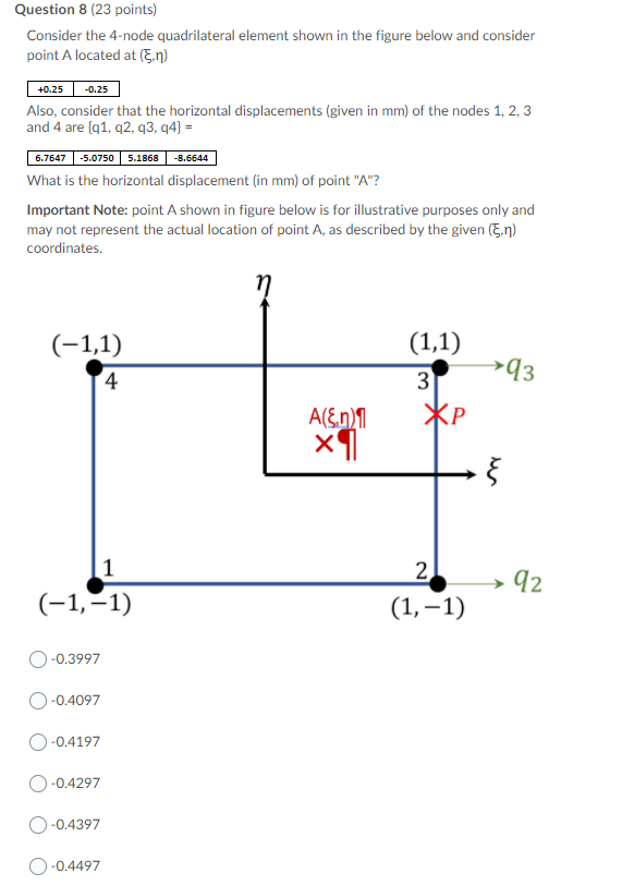 Question 8 23 Points Consider The 4 Node Quadrilateral Element Shown In The Figure Below And Consider Point A Located 1