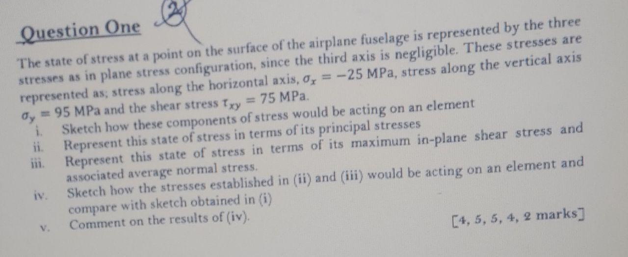 Question One The State Of Stress At A Point On The Surface Of The Airplane Fuselage Is Represented By The Three Stresses 1