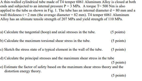A Thin Walled Cylindrical Tube Made Of T4 Temper 6061 Aluminum Alloy Is Closed At Both Ends And Subjected To An Internal 1