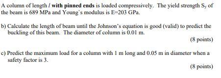 A Column Of Length With Pinned Ends Is Loaded Compressively The Yield Strength Sy Of The Beam Is 689 Mpa And Young S 1