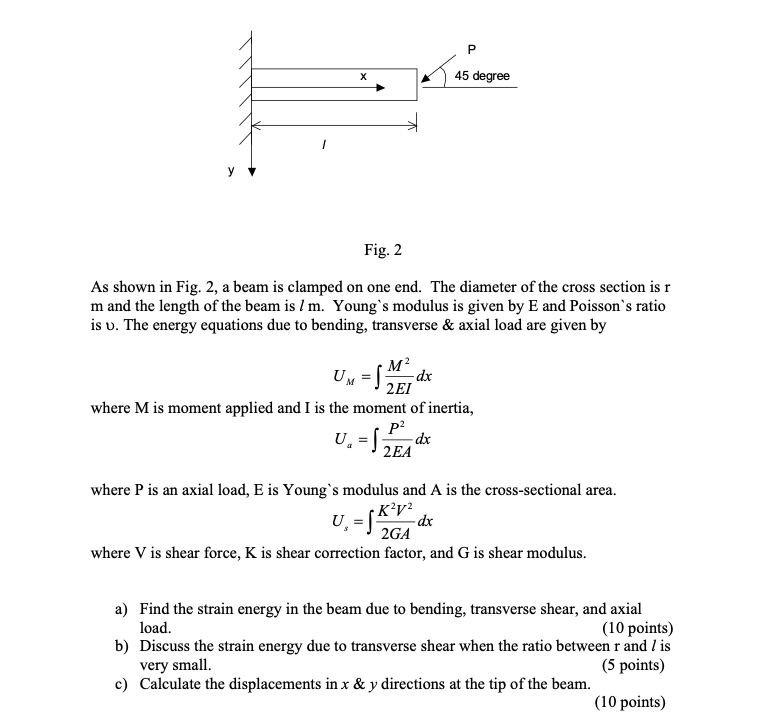 P X 45 Degree Fig 2 As Shown In Fig 2 A Beam Is Clamped On One End The Diameter Of The Cross Section Is R M And The 1