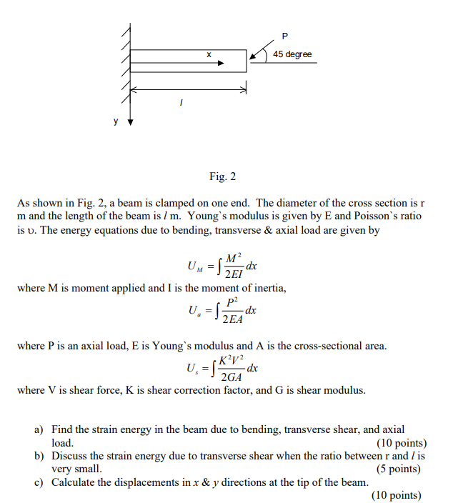 P X O 45 Degree Fig 2 As Shown In Fig 2 A Beam Is Clamped On One End The Diameter Of The Cross Section Is R M And Th 1
