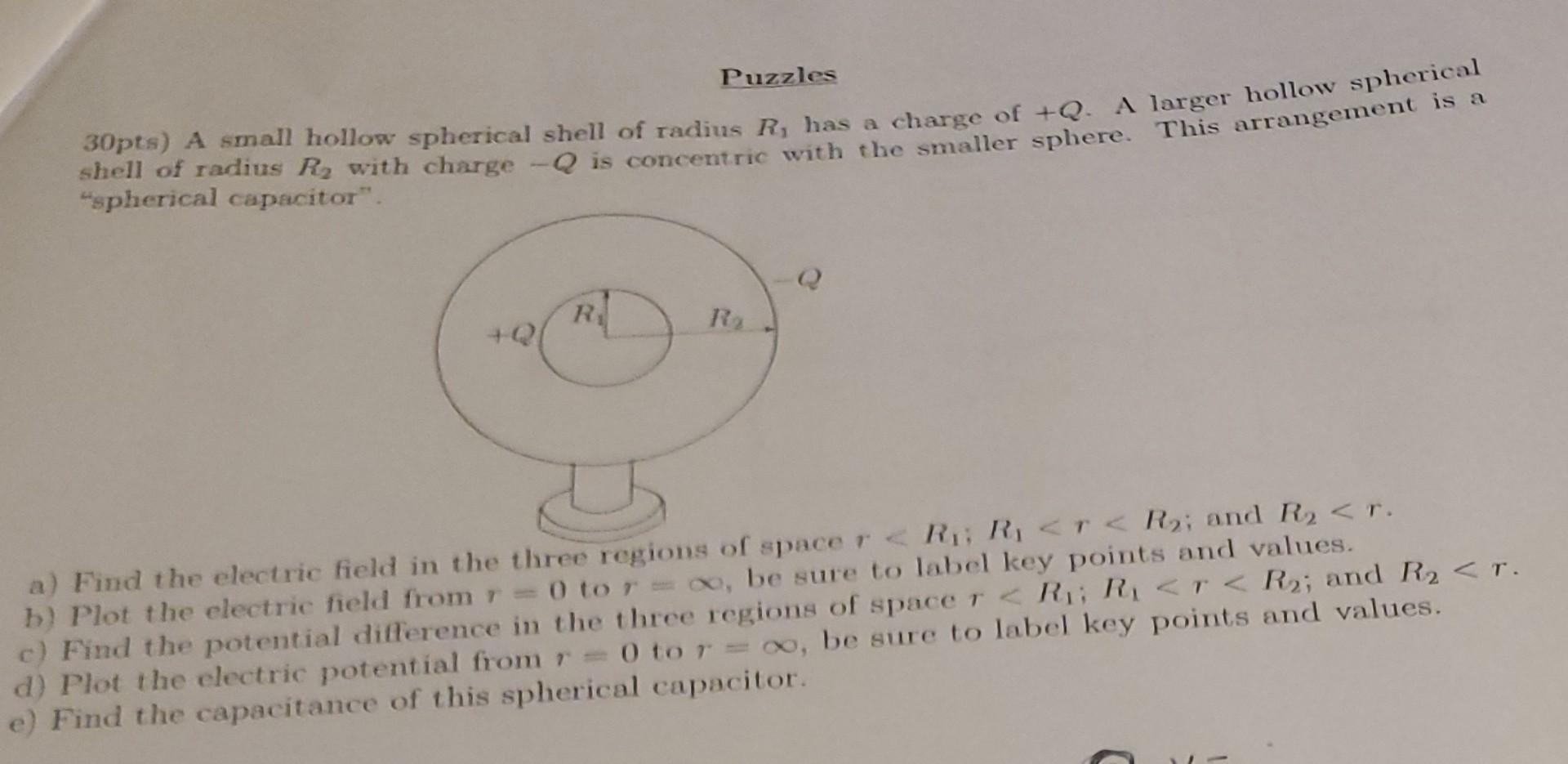 Puzzles 30pta A Small Hollow Spherical Shell Of Radius R Has A Charge Of Q A Larger Hollow Spherical Shell Of Radius 1