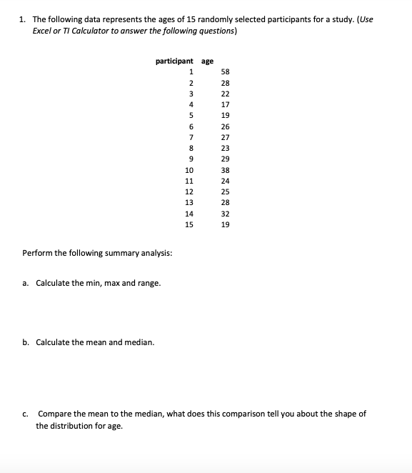 1 The Following Data Represents The Ages Of 15 Randomly Selected Participants For A Study Use Excel Or Ti Calculator 1