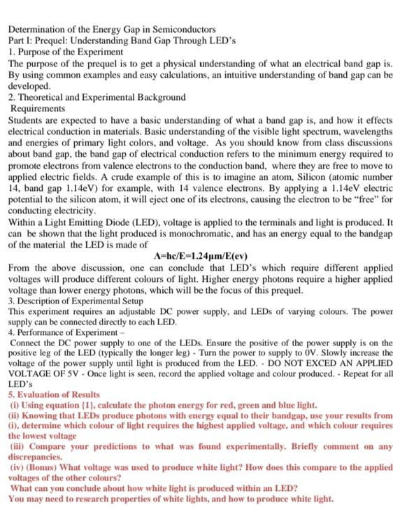 Determination Of The Energy Gap In Semiconductors Part I Prequel Understanding Band Gap Through Led S 1 Purpose Of Th 1