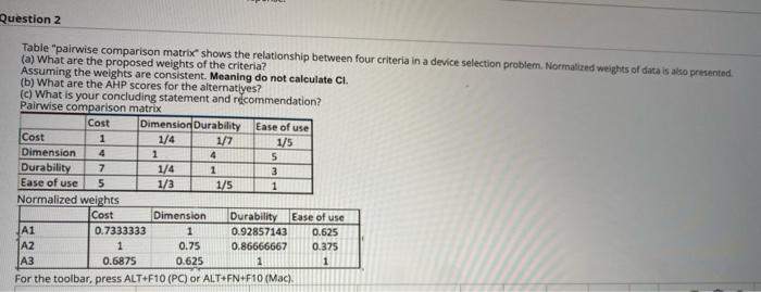 Question 2 Table Pairwise Comparison Matrix Shows The Relationship Between Four Criteria In A Device Selection Problem 1