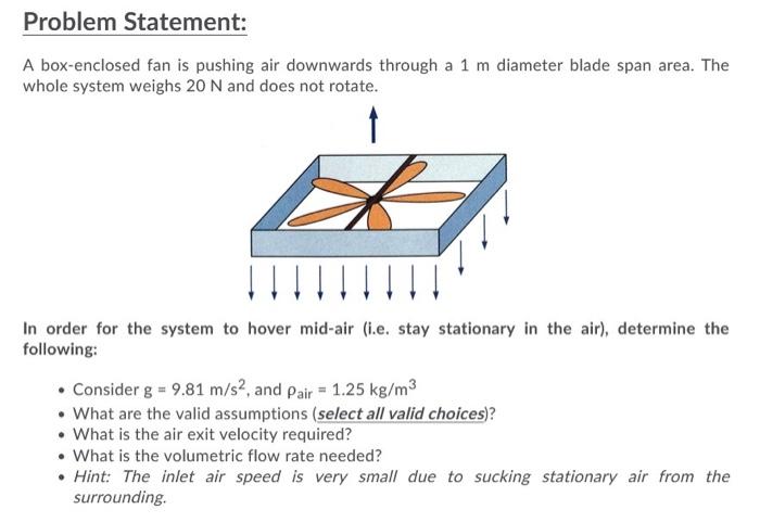 Problem Statement A Box Enclosed Fan Is Pushing Air Downwards Through A 1 M Diameter Blade Span Area The Whole System 1