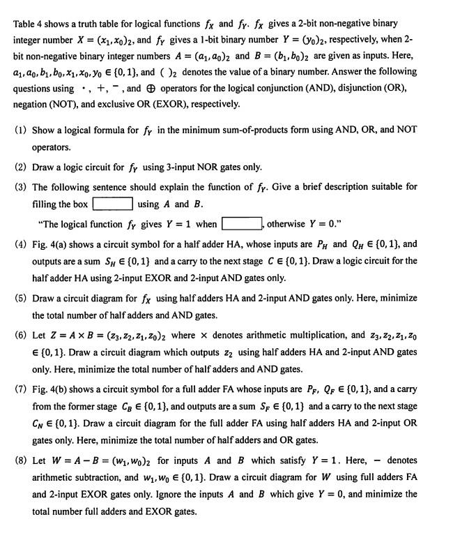Table 4 Shows A Truth Table For Logical Functions Fx And Fy Fx Gives A 2 Bit Non Negative Binary Integer Number X X1 1