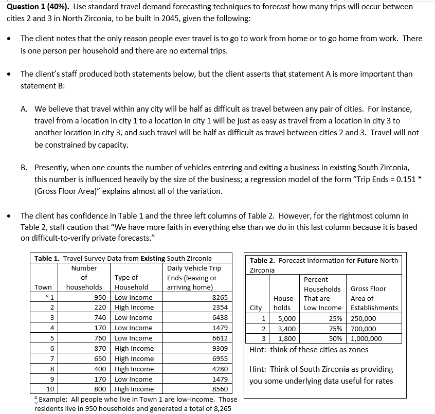Question 1 40 Use Standard Travel Demand Forecasting Techniques To Forecast How Many Trips Will Occur Between Cities 1