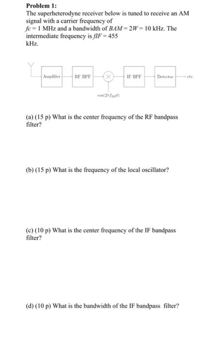 Problem 1 The Superheterodyne Receiver Below Is Tuned To Receive An Am Signal With A Carrier Frequency Of Fc 1 Mhz An 1