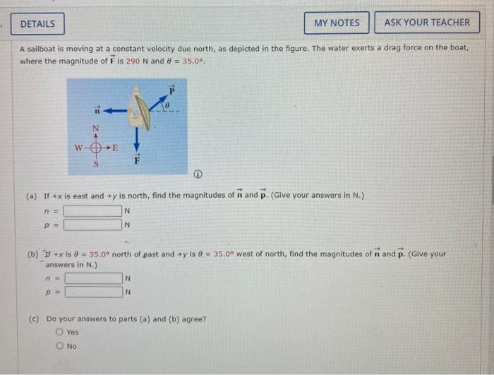 Details My Notes Ask Your Teacher A Sailboat Is Moving At A Constant Velocity Due North As Depicted In The Figure The 1